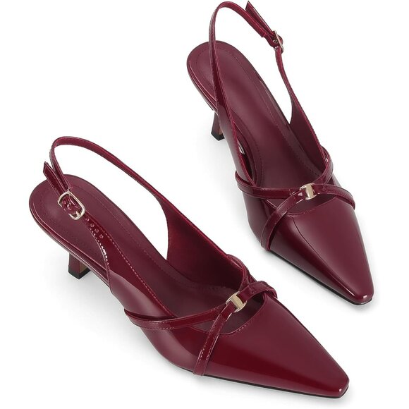 Women's Burgundy Pointed Toe Slingback Pumps Low Kitten Heels Dress Shoes - Picture 6 of 7